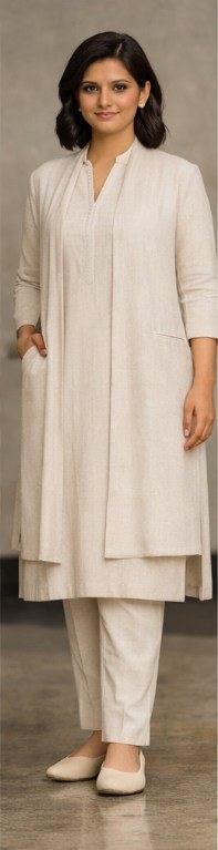 Sample attire: layered kurta set with long open jacket