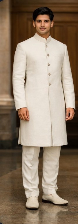 Sample attire: long bandhgala-style jacket with straight trousers