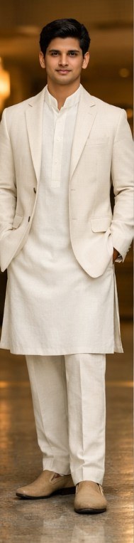 Sample attire: formal coat over kurta with trousers